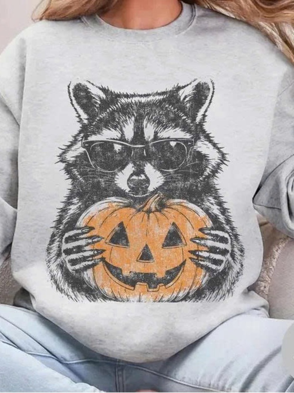 Gray Crewneck Sweatshirt with Raccoon & Orange Pumpkin Graphic